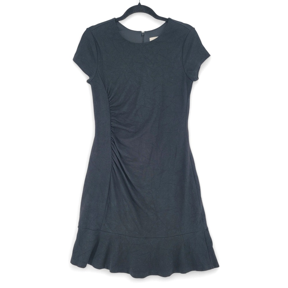 LOFT Black Fit & Flare Dress Size 4 EUC Short Sleeve Ruched Ruffle Hem Workwear